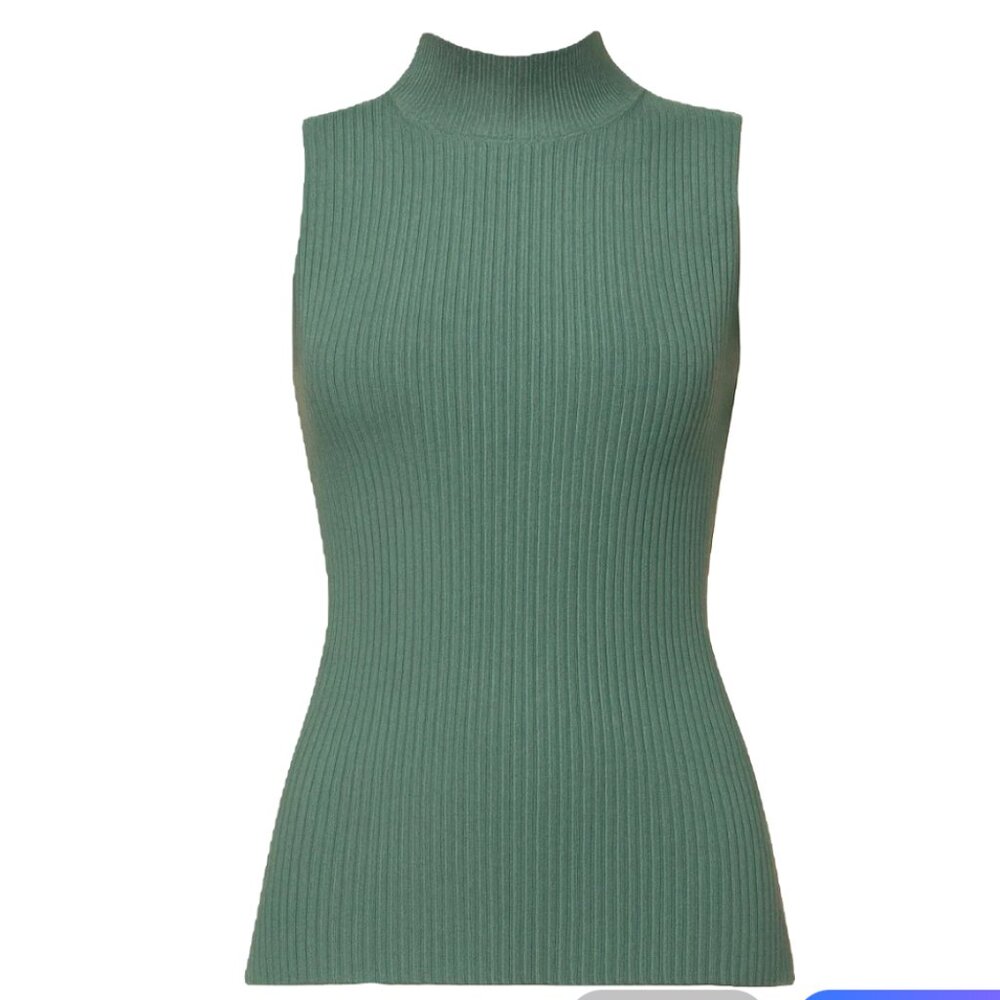 Ribbed Mock Neck Sleeveless Sweater Tank – Green – M